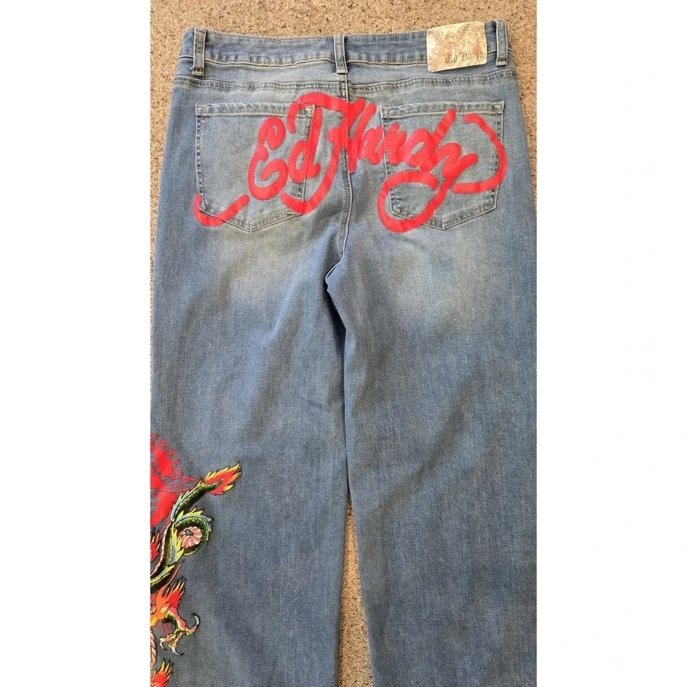 Ed Hardy Dragon Jeans 32 Y2K Wide Leg Baggy Denim Tattoo Graphic Rare Grail Fire